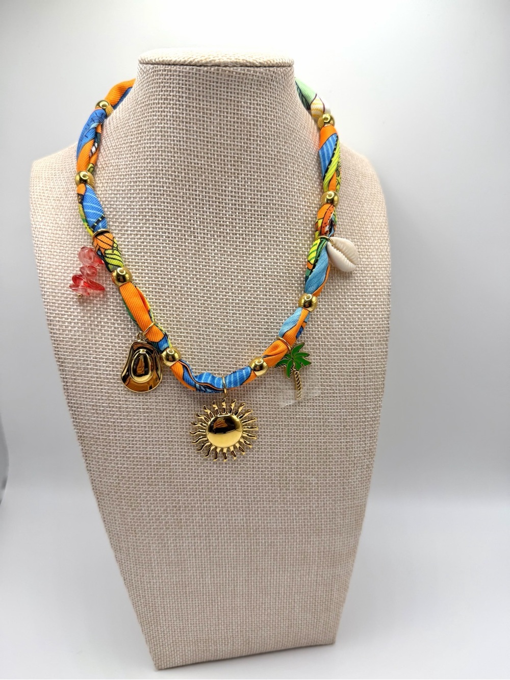 NWT Boho Tropical Fabric Charm Necklace with Beachy & 18K Gold Plated Charms